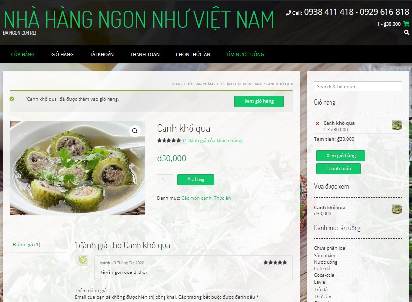 Web Bán hàng online, web nhà hàng: Cực rẻ, 1 lần xài mãi 2 Web Bán hàng online